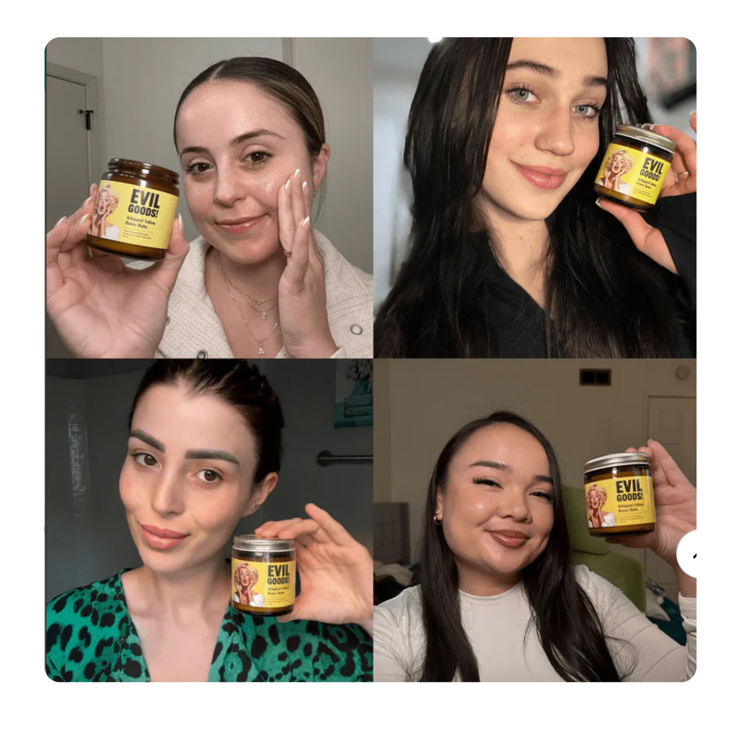 Cuatro mujeres felices mostrando el bálsamo facial EVIL GOODS después de usarlo con éxito para mejorar su piel. Testimonios reales y resultados visibles de cuidado natural para la piel.